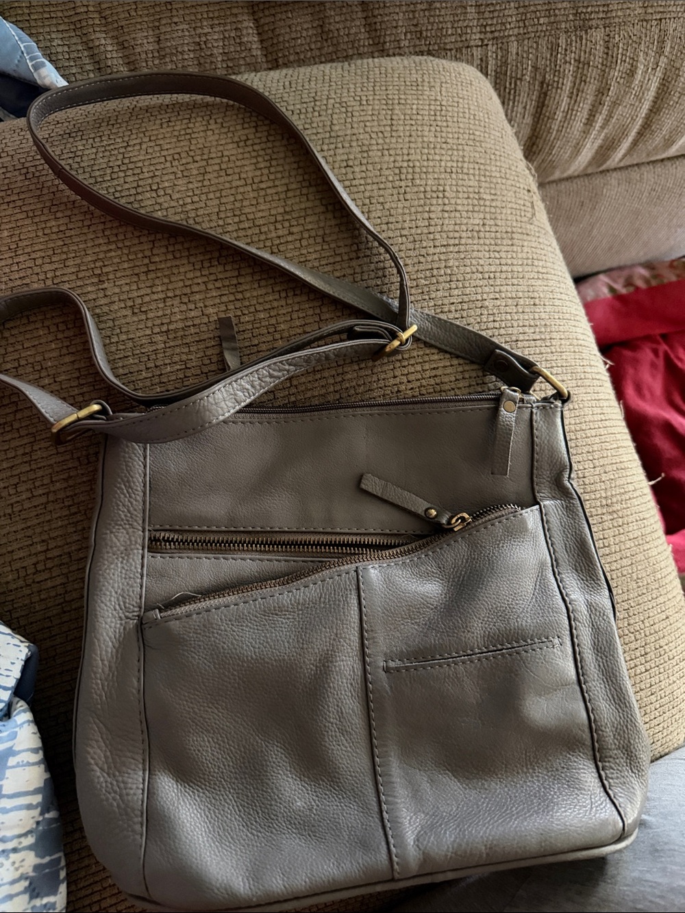 Everyday Grey Leather Crossbody Bag with Front Pockets